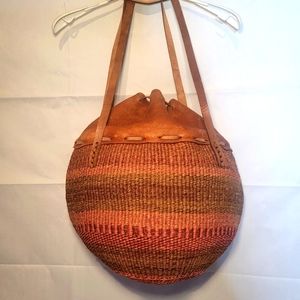 Vintage Jute and Leather Tote with leather drawstring closure and tassle